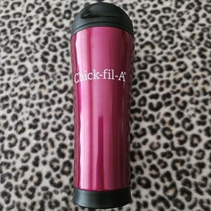 Chick-fil-A Chrome Pink and Black Slender Style Travel Coffee Mug Tumbler, GUC